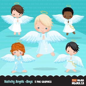 Krippe Engel Jungen Clipart. Niedliches Grafikkreuz. Weihnachtsjungen, religiöse Illustrationen, Bibelgeschichte christlich, Baby