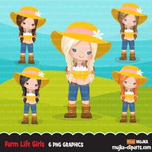 Clipart Farmer Girls, postacie rolników z koszem jajek, kapelusz rolnika, grafika wiejska, wiejska dziewczyna w kapeluszu