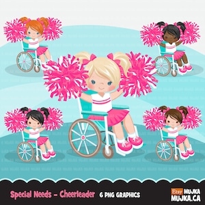 Imágenes prediseñadas de animadora en silla de ruedas con necesidades especiales. Discapacidad deportiva, niños, personajes, negro, creación de tarjetas.