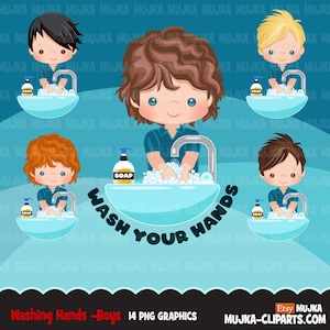 Bathroom Chores Clipart, little boys washing hands, hygiene, healthy life style graphics, Png digital clip art
