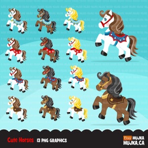 Clipart de cavalo, cavalos de fazenda bonitos com selas coloridas. Cavalos ocidentais, passeios a cavalo de cowboys, clipart de designs de sublimação