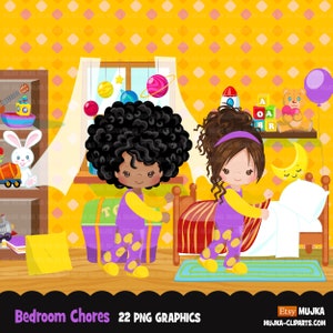 Schlafzimmer koches Clipart, Bett machen, Kinderzimmer Sublimations Grafiken, schwarze Mädchen PNG Clip Art
