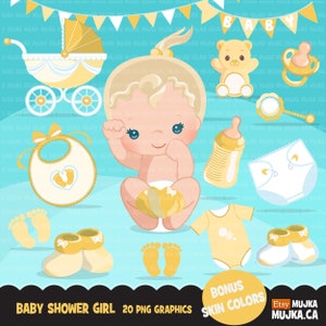 Baby Shower Cliparts. Mädchen gelbes Lätzchen, Windel, Babyschuhe niedliches Geburtstagselement. Kutschen Kinderwagen Strampelanzug. Fußabdruck-Grafikdesign