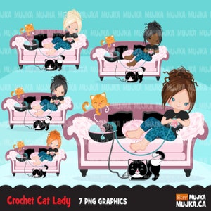 Dame de chat au crochet, graphiques clipart de personnage astucieux. Fil, canapé, oreillers, crochets, chats, activité, clipart logo PNG au crochet