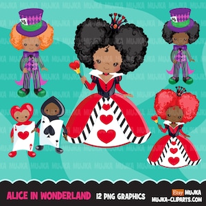 Clipart Alice nel Paese delle Meraviglie, clipart afro Mad Hatter Tea Party, regina di cuori afroamericana, disegni a sublimazione Png, file per cricut
