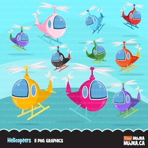 Clipart de helicóptero, veículos aéreos. Aeronaves Helicópteros coloridos fofos, viagens, voos, adesivos para planejador de chá de bebê, clipart de uso comercial