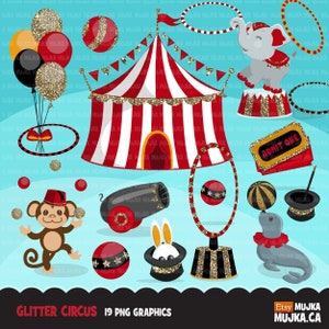 Glitter Circus Clipart Grote carnavalsafbeeldingen rood en zwart, pretpark, olifant circusact, aap, goochelshow, verjaardagsfeest, tent