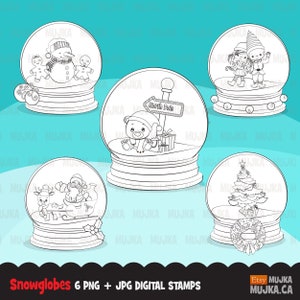 Digitale kerstsneeuwbolstempels. Schattige sneeuwbollen gevuld met kerstoutfits, kleurplaten, dieren, kerstman en sneeuwpop