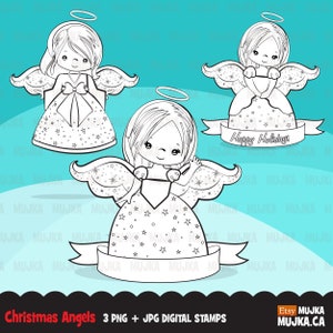 Selos digitais de anjos de Natal. Ilustrações de Noel, arte em linha para colorir, feriado, presépio, anjos, bordado digitalizado, gráfico em preto e branco