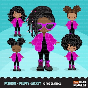 Fashion clipart, black girl clipart, fluffy crochet pink jacket, Vacation, travel commercial use characters, png digital sublimation graphic