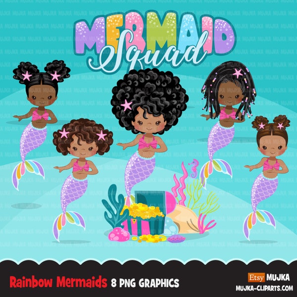 Mermaid clipart, rainbow mermaid sublimation graphics, black mermaid princess, mermaid squad birthday party, afro girl PNG clip art