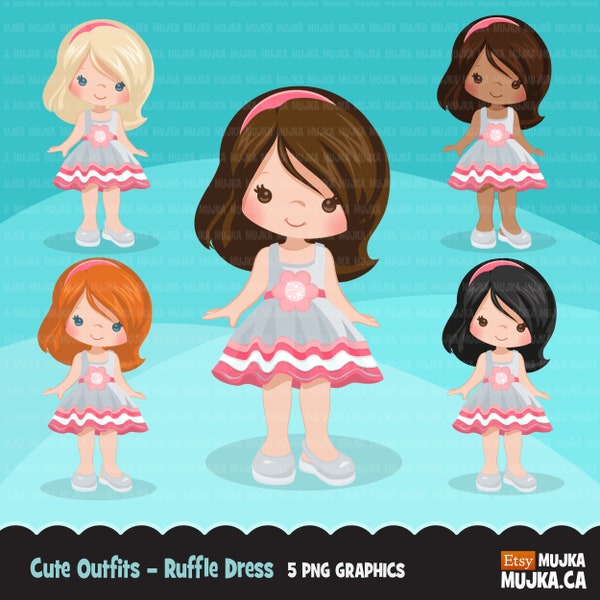 Little girl cute outfits clipart. Girls with ruffled dress birthday, school, toddler fashion graphics. Commercial use design, art, dress