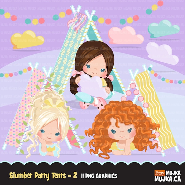 Slumber party clipart, sleepover tents, movie night, pajama party, card making, pompoms, embroidery, sleepover pillows, play date graphics