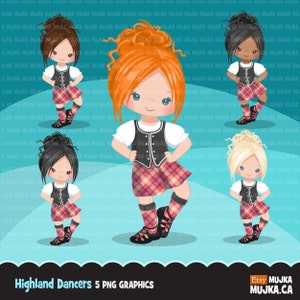 Highland Tänzerin Clipart. Niedliche schottische Tänzer mit Kiltie, rosa Tanzoutfit, Schulaktivität, schottisches Mädchen, Schottland-Traditionsgraphik