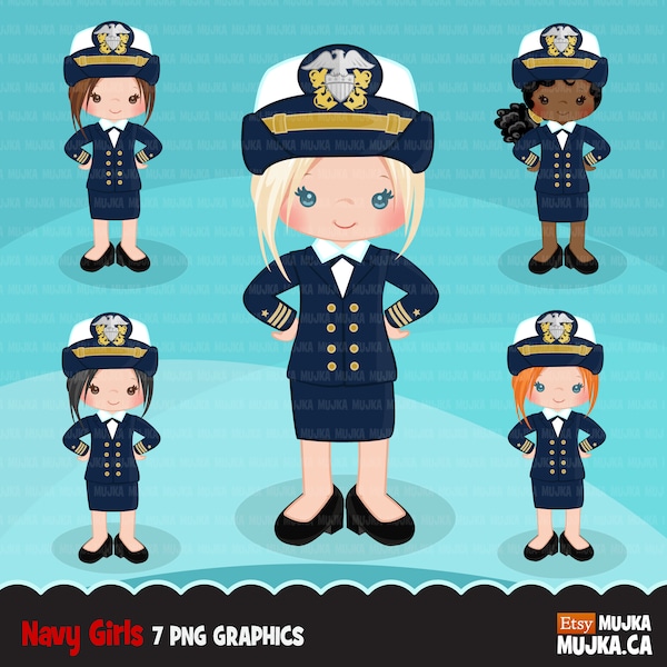 Female Navy Officer Clipart. Little girl Graphics, Sailing, captain, mate,  , embroidery, Sublimation Designs, black