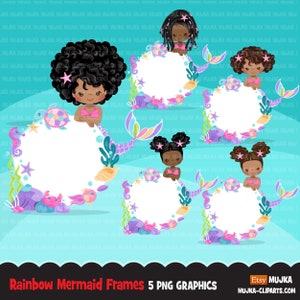 Mermaid clipart, frame, pastel rainbow mermaid graphics, black mermaid princess, rainbow birthday party, sublimation Png girl clip art