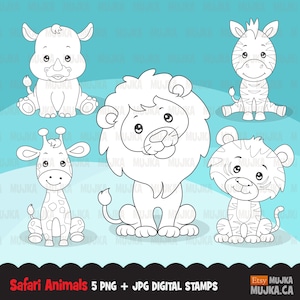 Digitale postzegels Safaridieren. Schattige leeuw, tijger, giraf, zebra en neushoorn, kleurboekoverzicht dieren, bos, babydieren, camping