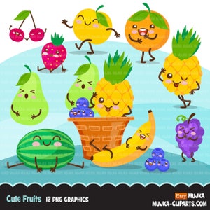 Obst Clipart, süße Kawaii Obst Grafiken, Ananas, Apfel, Banane, Melone, Kirsche, Erdbeere, Traube, Orange, Birne PNG T-Shirt Clip Art