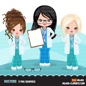 Artsenclipart met scrubs, afbeeldingen van patiëntengrafieken, print en knip PNG-T-shirtontwerpen, medische illustraties
