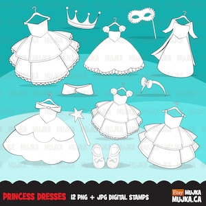Timbres numériques de robe de princesse. Baguette de fée, tenues royales, mascarade, fête, graphismes de salle de bal, album de coupures, contour à colorier, clipart N&B