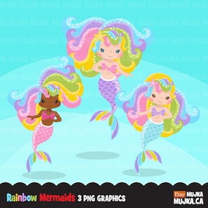 Rainbow Mermaid clipart, pastel mermaid graphics, card making,  , mermaid princess, birthday party, black girl