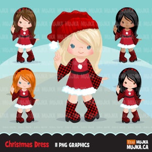 Weihnachten Clipart, Weihnachtsmann kleine Mädchen mit kariertem Kleid, Sublimationsdesigns Grafiken
