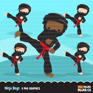 May include: Six digital illustrations of boys dressed as ninjas in black karate uniforms with red belts. The boys are in various karate poses with their legs raised.