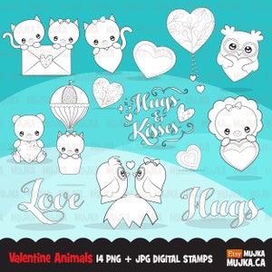 Timbres numériques pour la Saint-Valentin. Animaux de la Saint-Valentin chatons, lettre d'amour, coeurs, amoureux, hibou, oiseaux, album, art du contour à colorier, noir et blanc