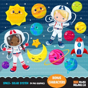 Clipart del sistema solare spaziale con astronauti e simpatici pianeti. Clip art per uso commerciale, razzo spaziale, sole, luna, Giove, Saturno, Marte, Terra