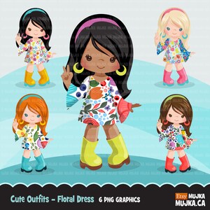 Niedliche Outfits von kleinen Mädchen. Mädchen mit Blumenkleid Geburtstag, Schule, Kleinkind Mode Grafik. Kommerzielle Nutzung Design, Clip Art, Frühling