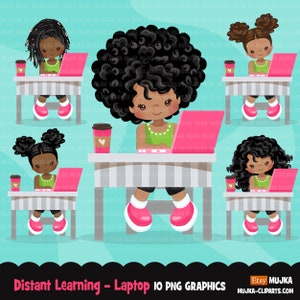 Clipart de aprendizagem distante, meninas negras com laptop rosa, educação em casa, lição de casa do aluno, gráficos do logotipo da loja, clipart png