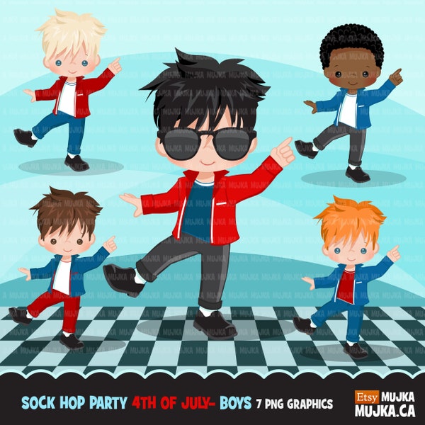 Sock Hop Party 4TH OF JULY BOYS Clipart 50's retro characters. dancing, swing, vintage birthday, black 50's diner clip art