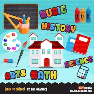 May include: A set of 20 colorful PNG graphics for back to school. The graphics include a schoolhouse, a chalkboard, a paint palette, a paintbrush, a pencil holder with pencils, a ruler, an eraser, a calculator, and colorful text for subjects like music, history, science, math, and arts.