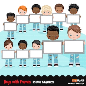 Boys holding frames Clipart PNG, cute kids with blank board, sublimation Png digital clip art