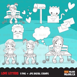 Sellos digitales de San Valentín. Gráficos de cartas de amor de San Valentín, corazones rosados de buzón kawaii, amantes, álbum de recortes, arte de contorno para colorear, blanco y negro