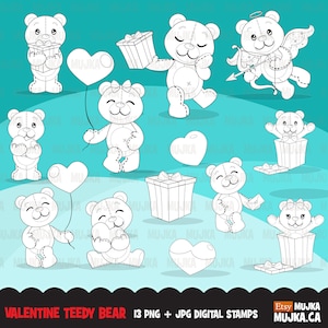 Sellos digitales de osito de peluche para San Valentín. Lindo osito bebé, animales para colorear y esbozar en blanco y negro, digitalización de bordados para el día de San Valentín