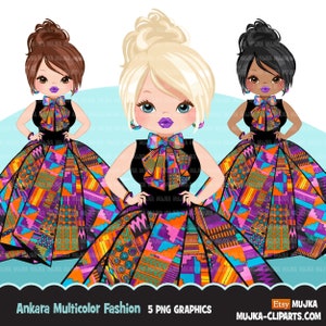 Clipart donna PNG, papillon e gonna con stampa multicolore Ankara, logo del negozio di grafica di moda, clip art della ragazza capo, stampa e taglio PNG