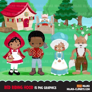 Afro Rotkäppchen Clipart, niedlichen Wolf, Waldlandschaft, Bilderbuch Grafiken, Afro Jungen und Mädchen Märchen Illustrationen.