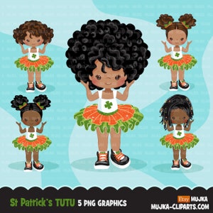 St Patrick's Day PNG, Black Girls Tutu Clipart, irländsk tutu-grafik, sublimeringsdesigner för svarta barn, PNG-klippkonst, bilder på irländsk dans