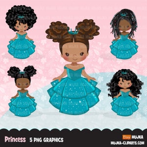 May include: Five digital illustrations of Black girls dressed as princesses in turquoise gowns with glitter and stars. Each girl has a different hairstyle, including curly, braided, and afro puffs.