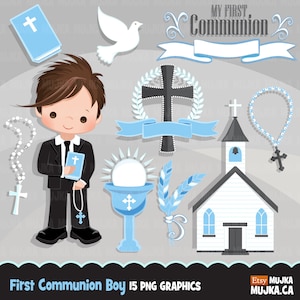 Erstkommunion Clipart für Jungen. Niedliche Kommunionfiguren, Grafik, Bibel, Kirche, Rosenkranz, Kommunionfahne. Erstkommunion Grafik.