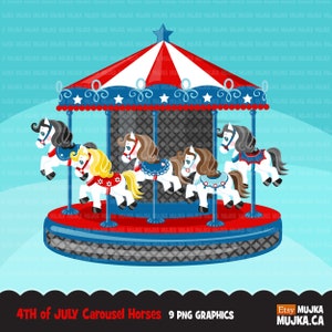 Clipart de cavalos de carrossel de 4 de julho, carrossel, feira de diversões, dia da independência do carnaval, clipart de designs de sublimação