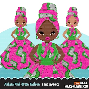 Clipart di donna nera PNG, papillon e gonna stampati rosa e verde Ankara, grafica di moda sorority AKA clip art di ragazza afro boss PNG
