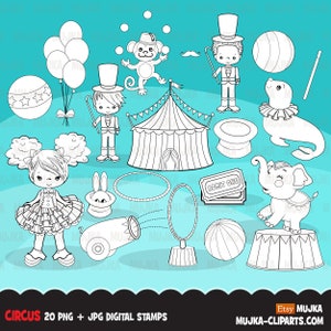 Circus digitale postzegels Big top carnaval graphics, pretpark, olifant, aap, goochelshow, verjaardagsfeest, zwart-wit clip art overzicht