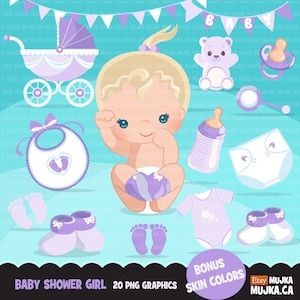 Baby Shower Cliparts. Baby Mädchen lila Lätzchen, Windel, Baby Schuhe niedliche Geburtstagselemente. Kutschen Kinderwagen Strampelanzug. Fußabdruck-Grafikdesign