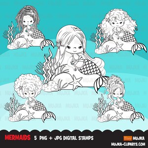Sellos digitales de sirena, gráficos marinos en blanco y negro, libro para colorear de princesas, esquema de arte, clipart
