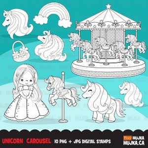 Selos digitais do Cavalo Carrossel. Princesa unicórnio, carrossel de unicórnio, arco-íris, clipart de contorno de parque de diversões, preto e branco, digitalização de bordados