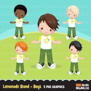 Lemonade Stand Boys clipart. Cute spring summer birthday graphics Lemons, lemonade outdoors, stickers, cookie design, backyard party image 1