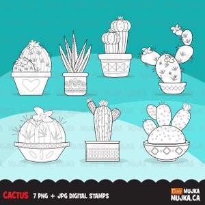 Sellos digitales de cactus. Plantas de postre, gráficos de cactus, arte de contorno para colorear, blanco y negro, digitalización de bordados, diseños de sublimación