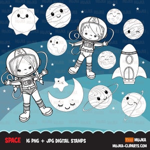 Weltall Astronauten Digitale Stempel, Planeten, Mars, Jupiter, Saturn, Weltraum Rakete Grafiken, Malbuch schwarz weiß Umriss Clip Art